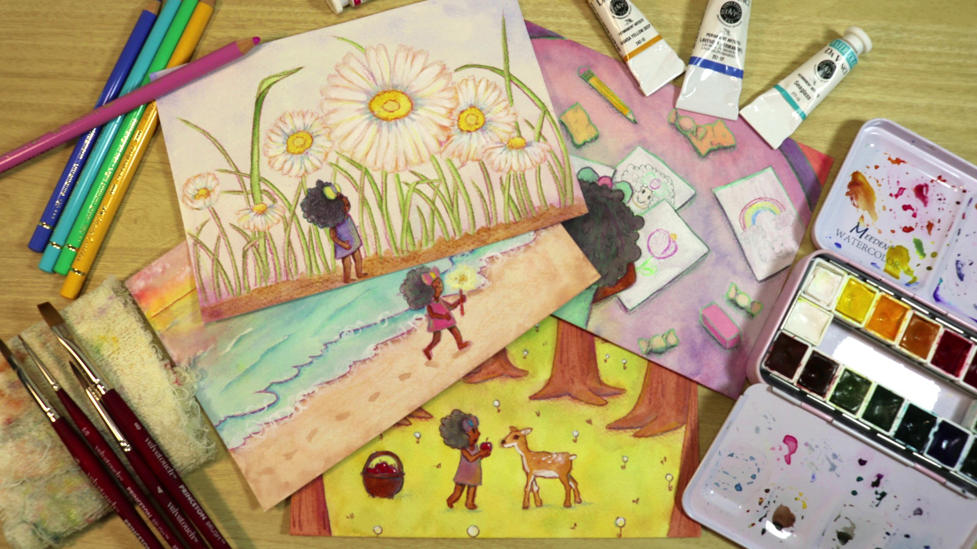 A collection of small paintings lay on a desk along with a watercolor palette, paint tubes, colored pencils and paintbrushes