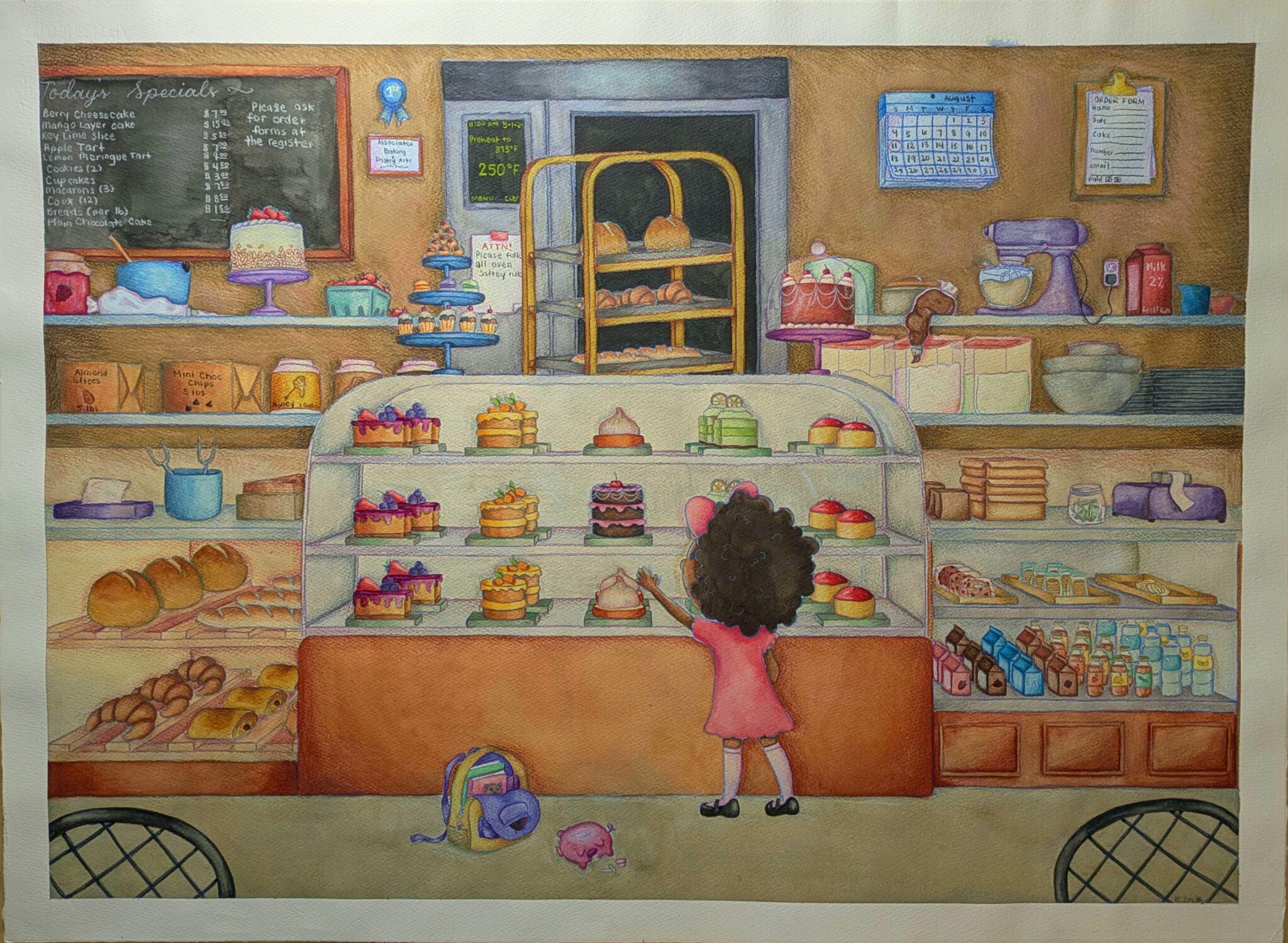 A little girl stands in front of a dessert display in a very busy bakery.